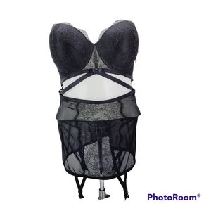 * Victoria's Secret 34D strapless bra  skirt garden one piece black floral lace